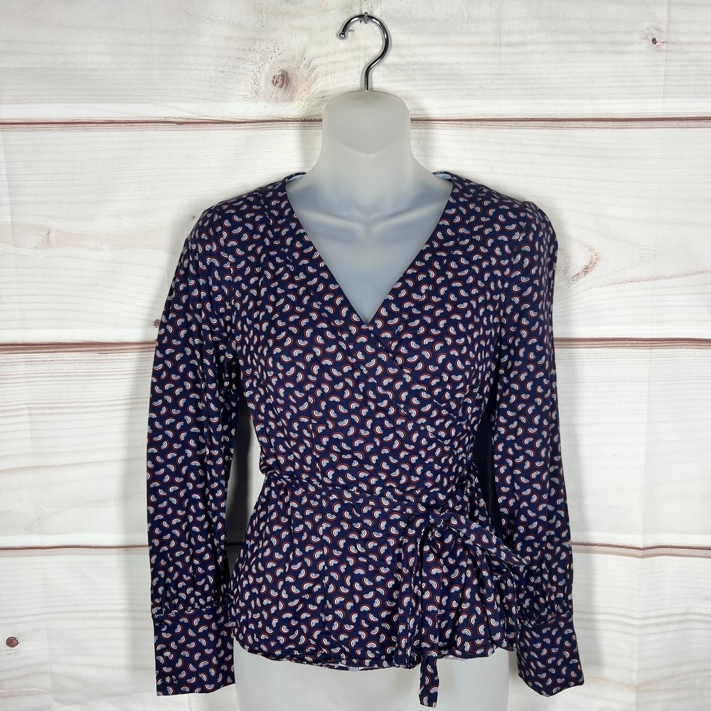 Boden Top Womens US 4P Blue Geometric Wrap Blouse V-Neck Long Sleeve Woven